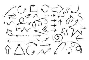 A set of abstract arrows drawn by hand. Brush stroke style. Doodle style. Vector illustration. Isolated objects