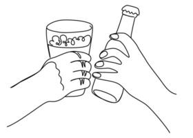 One continuous line drawing of Hands clink beer mug and bottle. National Beer day. Hand drawn one line art vector illustration isolated on the white background.