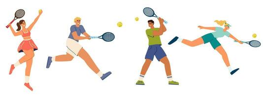 conjunto de hombres y mujer jugando tenis. colección de Atletas y deportistas en vestido ropa de deporte participación raquetas y golpear un pelota, aislado en un blanco antecedentes. plano dibujos animados vector ilustración.