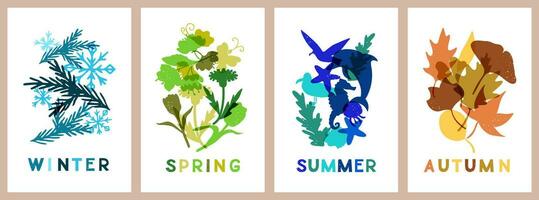 Four season minimalistic abstract nature posters. Retro risopgraphic hand drawn compositions with grunge texture. Nature monochromatic silhouettes. Good for background, banner, poster vector