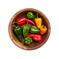 Fresh chilies and peppers in wooden bowl, top view, ai generated png