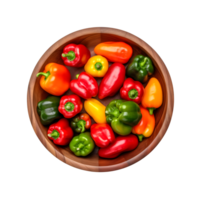 Colorful peppers in wooden bowl, close up, ai generated png