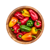 Assorted colorful fresh peppers in wooden bowl, ai generated png