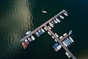 Aerial top view of boats near wooden pier at lake photo