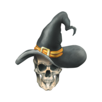 Human skull in black witch hat with orange ribbon and gold buckle for death day and halloween holiday. Watercolor illustration, hand drawn. Isolated composition png