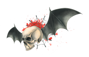 Side view of a human skull with black bat wings with a bloodstain and cobwebs for the holiday of Death Day and Halloween. Watercolor illustration, hand drawn. Composition png