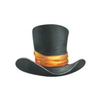 Black top hat with orange satin ribbon. Watercolor illustration, hand drawn. Isolated element png