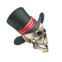 ein Mensch Schädel im ein schwarz oben Hut mit ein rot Schleife. Hand gezeichnet Aquarell Illustration zum Tag von das tot, Halloween, dia de los Muertos. isoliert Objekt png