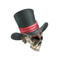 Ornamented human skull in a black top hat with a red ribbon. Hand drawn watercolor illustration for day of the dead, halloween, Dia de los muertos. Isolated object png