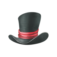 Black top hat with red satin ribbon. Watercolor illustration, hand drawn. Isolated element png