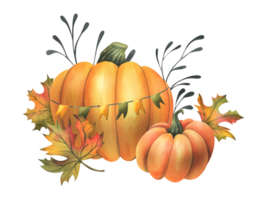 Orange autumn pumpkins with maple leaves and twigs. Watercolor illustration, hand drawn. Isolated composition png