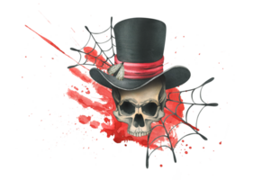 Human skull in a top hat with a moth, bloodstain and cobwebs for the holiday of Death Day and Halloween. Watercolor illustration, hand drawn. Isolated composition png