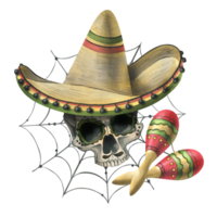 Ornamented human skull, in a sombrero hat with maracas and cobwebs. Hand drawn watercolor illustration for day of the dead, halloween, Dia de los muertos. Isolated composition png