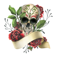 Human skull with hand drawn ornament with ribbon for text, red roses. Hand drawn watercolor illustration for Halloween, day of the dead, Dia de los muertos. Isolated composition png