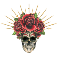 Human skull with an ornament, red roses in a golden crown with beads. Hand drawn watercolor illustration for Halloween, day of the dead, Dia de los muertos. Isolated composition png