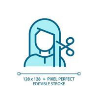 2D pixel perfect editable woman with haircut at spa blue icon, isolated vector, haircare thin line simple monochromatic illustration. vector