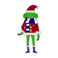 Cartoon green cute monkey in a Santa Claus costume. Vector illustration. All elements are isolated