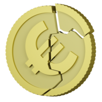 3D rendering of EU money coin with sign of euro currency shattered into pieces falling apart. Depreciation of money, financial crisis. Realistic PNG illustration isolated on transparent background