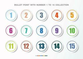 bala punto con número recopilación. números desde 1 a 15. infografía botones y puntos. diseño fácil a editar. vector