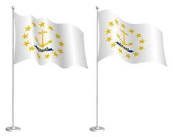 flag of american state of Rhode Island on flagpole waving in wind. Holiday design element. Checkpoint for map symbols. Isolated vector on white background