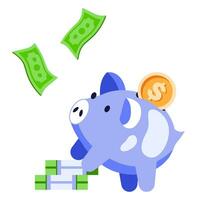 Piggy on a stack of money. Earning money, savings, investment, business advertising concept. Hand drawn isolated Vector illustrations