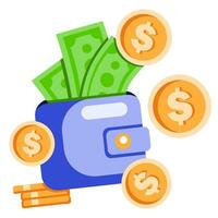 Blue wallet with green paper money. Wallet with coins and money dollar bank note flat design isolated. Flat vector icon of an overflowing wallet