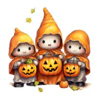 AI Generative Kawaii children holding jack o lanterns in their arm in Halloween festival png