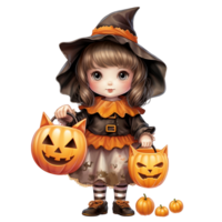 AI Generative Kawaii children holding jack o lanterns in their arm in Halloween festival png