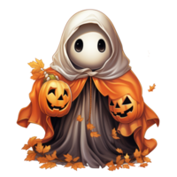 AI Generative halloween cartoon smiling little witch in a pumpkin costume with a witch hat with pumpkin ghost png