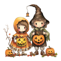 AI Generative Kawaii children holding jack o lanterns in their arm in Halloween festival png