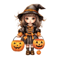 AI Generative Kawaii children holding jack o lanterns in their arm in Halloween festival png