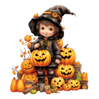 AI Generative Kawaii children holding jack o lanterns in their arm in Halloween festival png