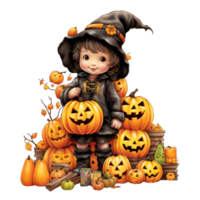 AI Generative Kawaii children holding jack o lanterns in their arm in Halloween festival png