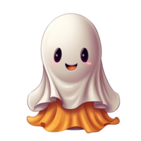 ai génératif Halloween dessin animé souriant peu sorcière dans une citrouille costume avec une sorcière chapeau avec citrouille fantôme png