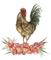 Watercolor flowers and rooster composition. png