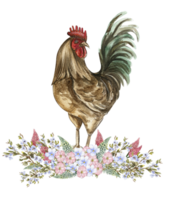 Watercolor flowers and rooster composition. png