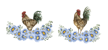 Watercolor flowers and rooster composition. png