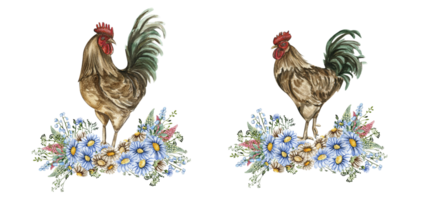 Watercolor flowers and rooster composition. png