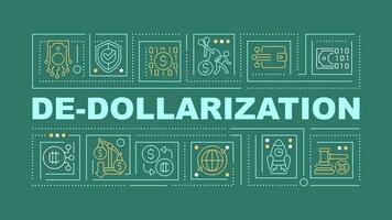 2D de-dollarization text concept with various icons on dark green background, vector illustration.