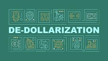 2D de-dollarization text concept with various icons on dark green background, vector illustration.