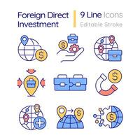 Editable icons set representing foreign direct investment, isolated vector, thin line illustration. vector