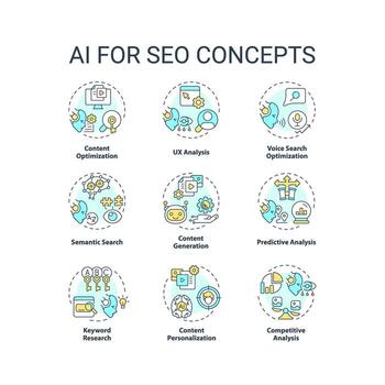 2d editable íconos conjunto representando ai para seo conceptos, aislado vector, Delgado línea vistoso ilustración. vector