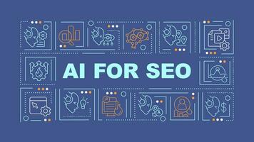 2D AI for SEO text concept with various icons on dark blue background, vector illustration.