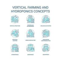 Editable blue icons set representing vertical farming and hydroponics concepts, isolated vector, thin linear illustration. vector