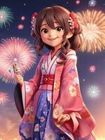 japonés niña en kimono con fuegos artificiales en el noche cielo. foto