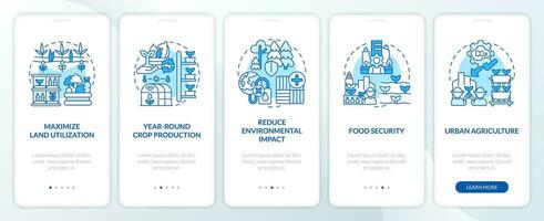 Delgado línea azul íconos representando vertical agricultura y hidroponia móvil aplicación pantalla colocar. 5 5 pasos gráfico instrucciones, ui, ux, gui modelo. vector