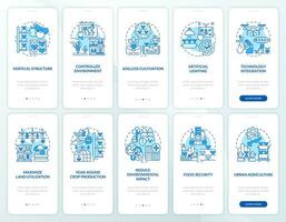 2d azul íconos representando vertical agricultura y hidroponia móvil aplicación pantalla colocar. recorrido 5 5 pasos vistoso gráfico instrucciones con lineal conceptos, ui, ux, gui modelo. vector