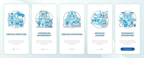 lineal azul íconos representando vertical agricultura y hidroponia móvil aplicación pantalla colocar. 5 5 pasos gráfico instrucciones, ui, ux, gui modelo. vector