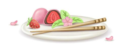 3d realistic japanese dessert Daifuku Mochi with strawberries on a plate. a whole and half a cake in rice dough. Served dish with sakuri flowers, strawberries and hashi vector