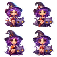 cartone animato strega con gatto e zucca, Halloween, png, ai generato png